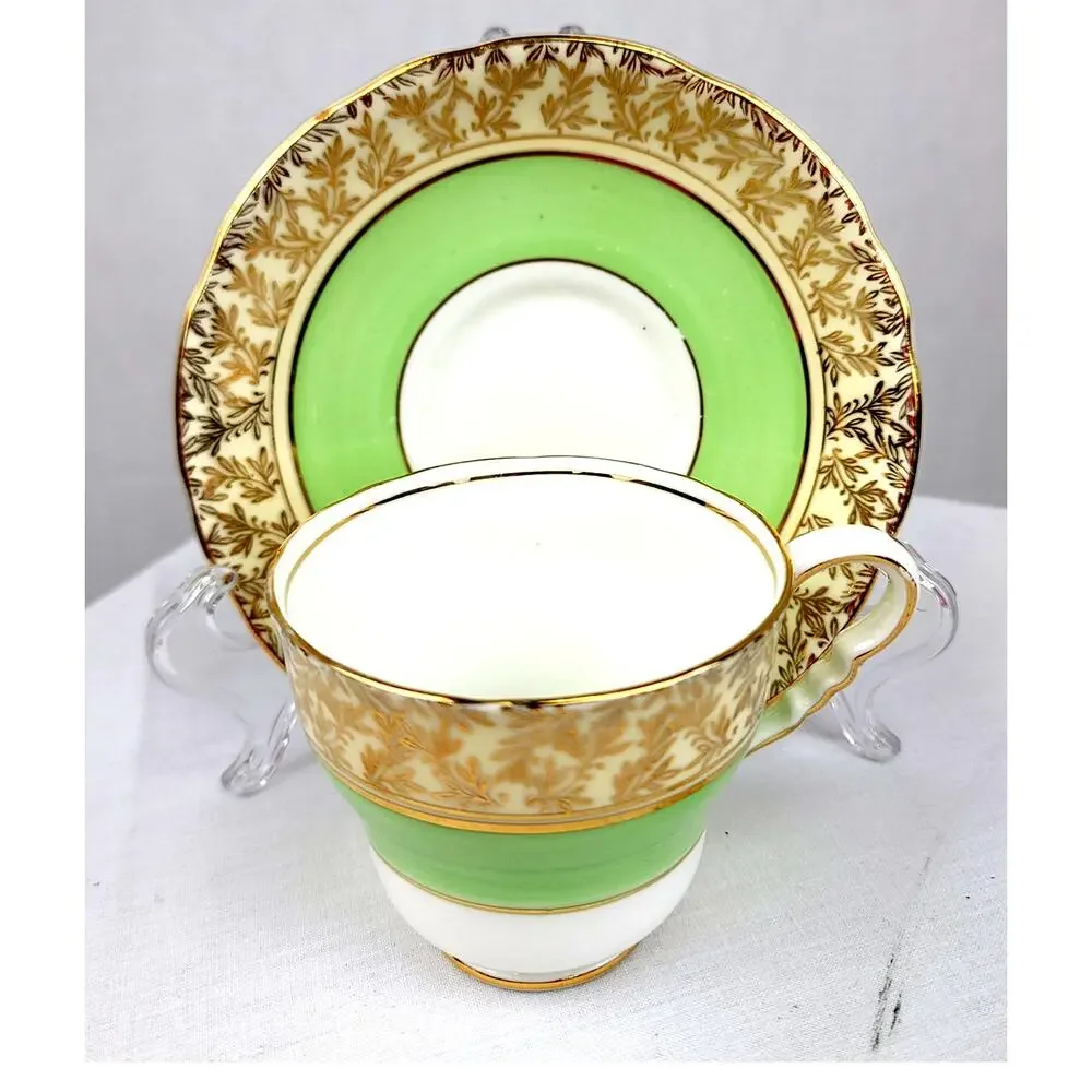 Vintage Royal Stafford Bone China England Tea Cup Saucer Mint Green & Gold Leaf